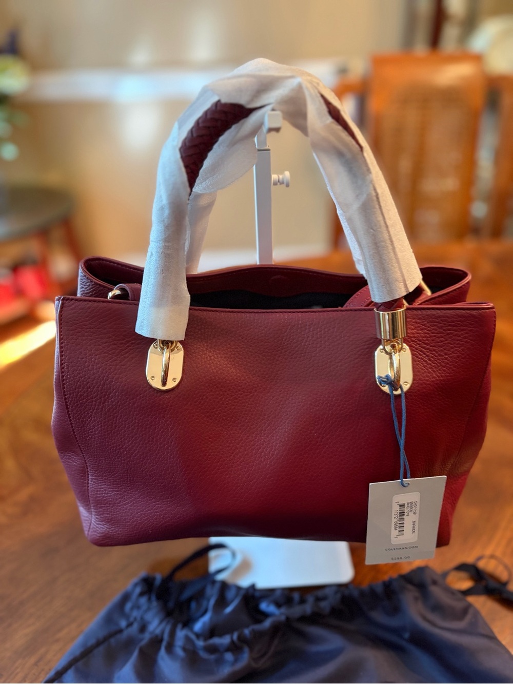 NWT Cole Haan “Benson” Leather Tote with Braided Handles In Zinfandel - Picture 4 of 14